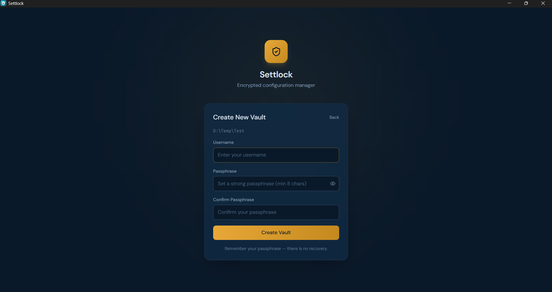 Creating a new encrypted vault in SettLock