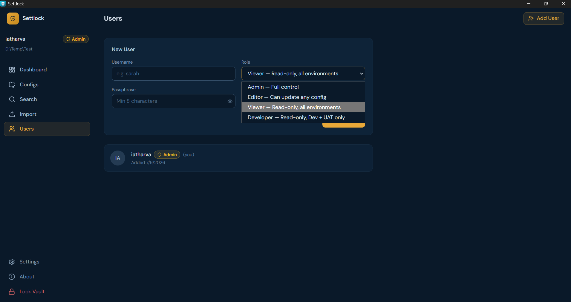SettLock user management with role assignment